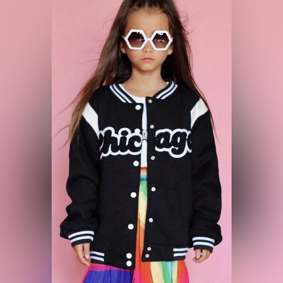 Lola and the Boys Chicago Varsity Bomber Jacket size 14 NEW Black White - Picture 1 of 13